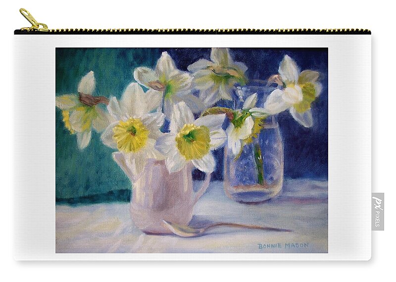 Daffodils Zip Pouch featuring the painting Winter's End by Bonnie Mason
