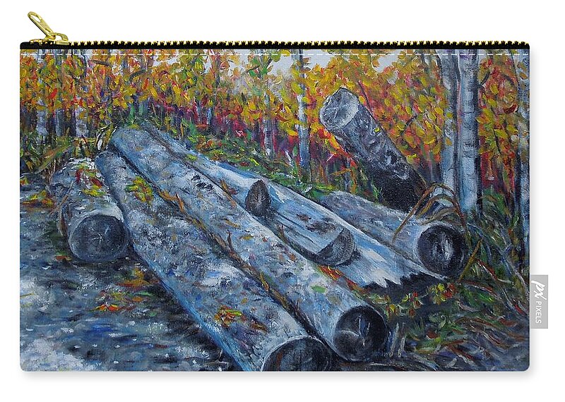 Logs Zip Pouch featuring the painting Winter's firewood by Marilyn McNish