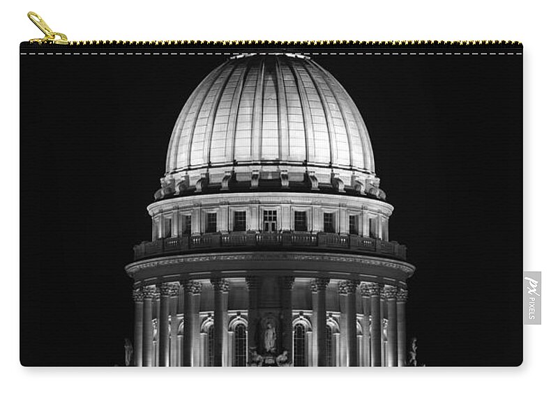 Architecture Zip Pouch featuring the photograph Wisconsin State Capitol Building at Night Black and White by Sebastian Musial