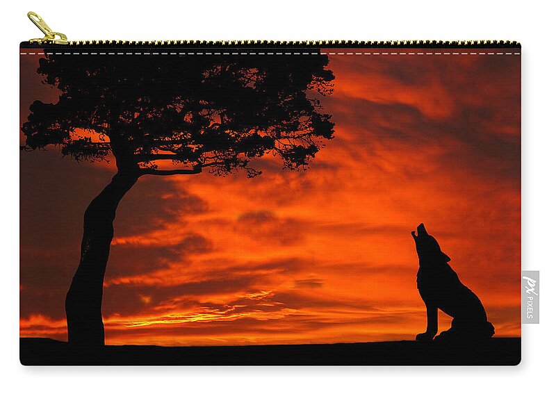 Wolf Zip Pouch featuring the photograph Wolf Calling For Mate Sunset Silhouette Series by David Dehner