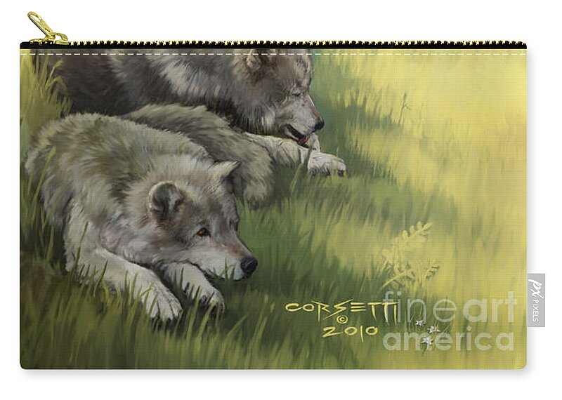 Quit Zip Pouch featuring the painting Wolf Gathering lazy by Robert Corsetti