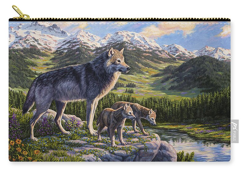Wolf Zip Pouch featuring the painting Wolf Painting - Passing It On by Crista Forest