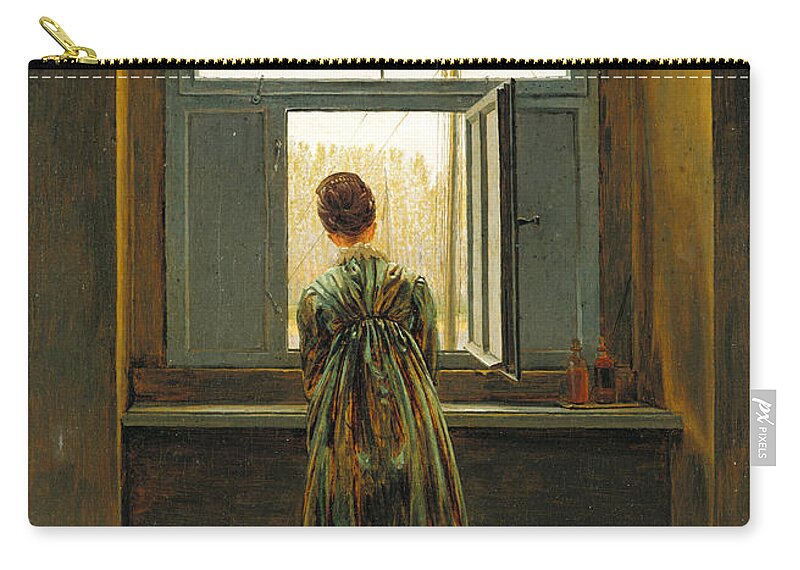 Caspar David Friedrich Zip Pouch featuring the painting Woman at a Window by Caspar David Friedrich