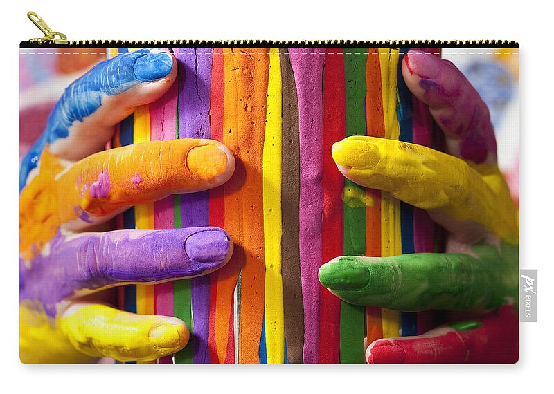Acrylic Paint Zip Pouch featuring the photograph Woman holding painted can with painted fingers by Jim Corwin