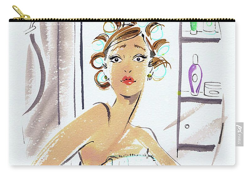 20-24 Years Carry-all Pouch featuring the painting Woman In Curlers And Towel Looking by Ikon Images