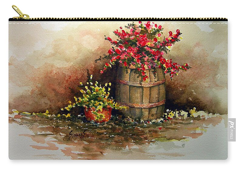 Barrel Carry-all Pouch featuring the painting Wooden Barrel with Flowers by Sam Sidders
