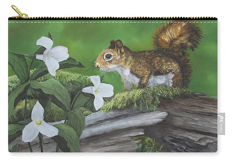 Wildlife Zip Pouch featuring the painting Woodsy Playground - Red Squirrel by Johanna Lerwick