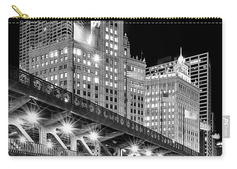 Dusk Carry-all Pouch featuring the photograph Wrigley Building at Night in Black and White by Sebastian Musial