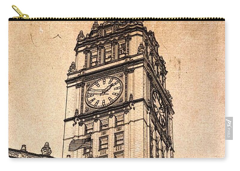 Wrigley Tower Zip Pouch featuring the digital art Wrigley Clock Tower Chicago by Dejan Jovanovic
