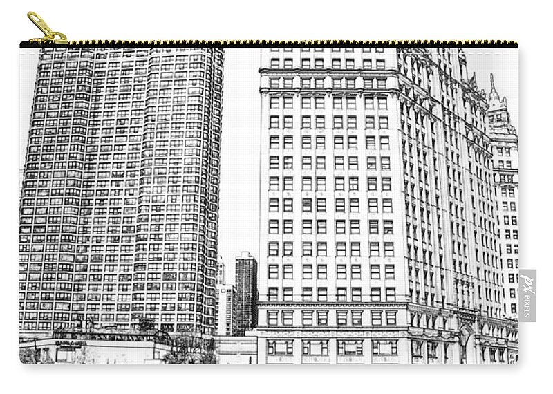 Wrigley Tower Zip Pouch featuring the digital art Wrigley Clock Tower in Chicago by Dejan Jovanovic