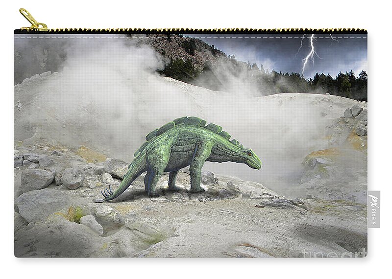 Dinosaur Art Zip Pouch featuring the mixed media Wuerhosaurus Near Volcanic Vent by Frank Wilson