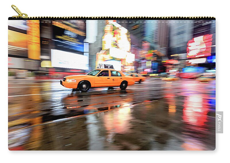 Blurred Motion Zip Pouch featuring the photograph Yellow Cab And Reflections, Times by Fred Froese