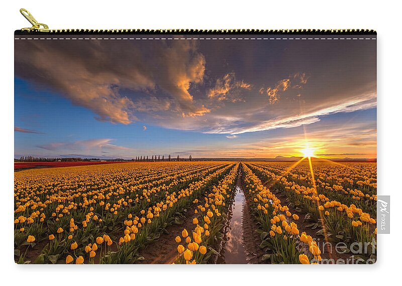 Tulip Fields Zip Pouch featuring the photograph Yellow Fields and Sunset Skies by Mike Reid