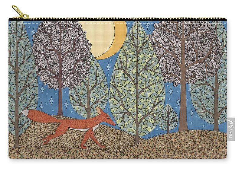 Fox Zip Pouch featuring the drawing Yellow Moon Rising by Pamela Schiermeyer