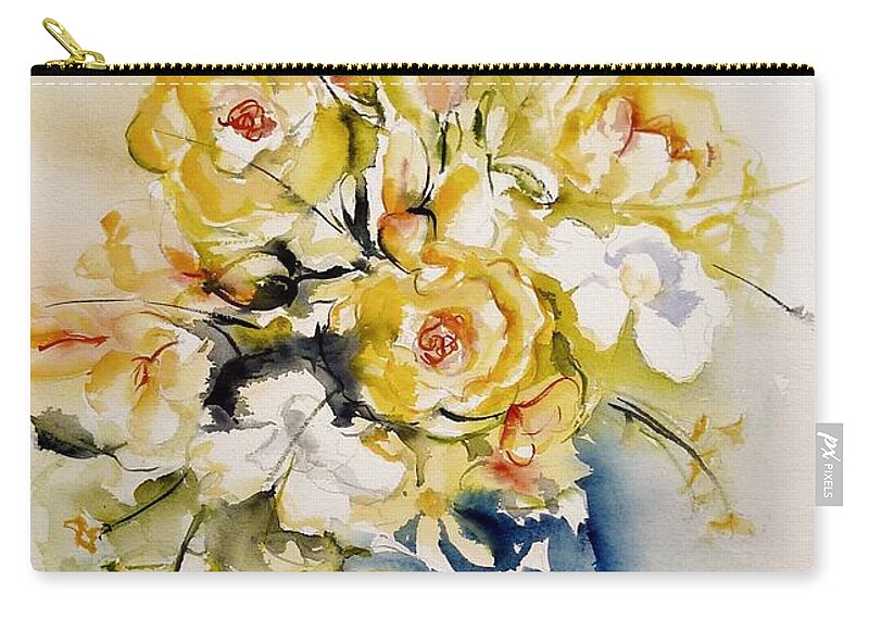 Flower Zip Pouch featuring the painting Yellow roses by Karina Plachetka