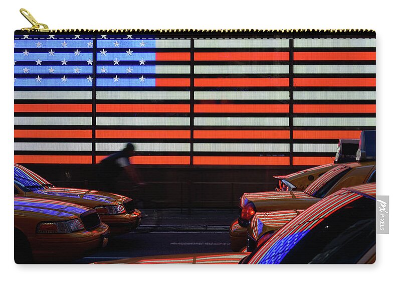 Blurred Motion Zip Pouch featuring the photograph Yellow Taxis At Time Square, American by Olaser