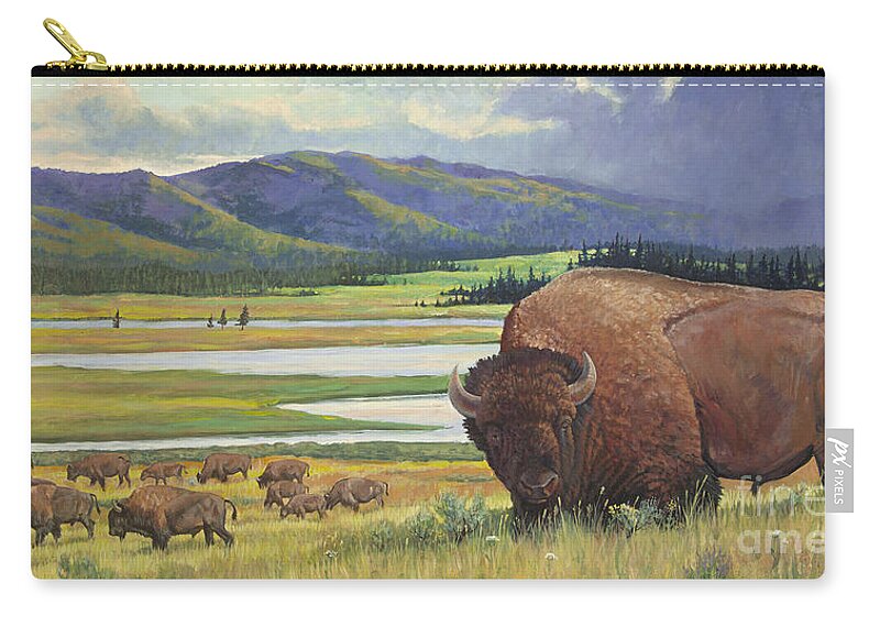 Western Buffalo Zip Pouch featuring the painting Yellowstone Bison by Robert Corsetti