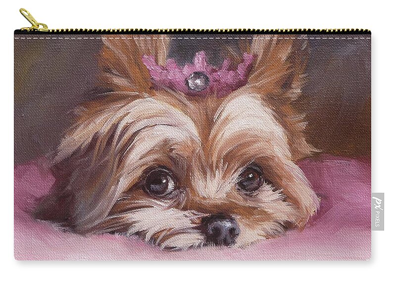Yorkshire Terrier Zip Pouch featuring the painting Yorkshire Terrier Princess in Pink by Viktoria K Majestic