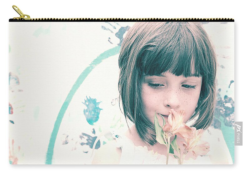 Girl Zip Pouch featuring the photograph Young Girl with Flowers by Jan Marvin by Jan Marvin