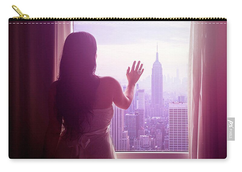 Three Quarter Length Zip Pouch featuring the photograph Young Woman With Hand On Window And New by Flavia Morlachetti