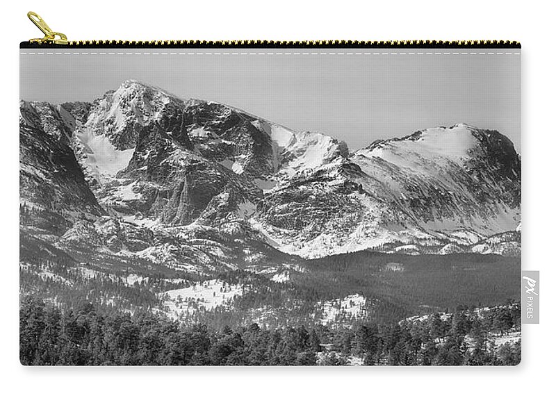Rocky Mountains Zip Pouch featuring the photograph Ypsilon Mountain and Fairchild Mountain Panorama RMNP BW by James BO Insogna