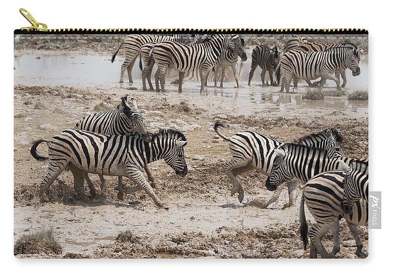Namibia Zip Pouch featuring the photograph Zebras by Franz Aberham