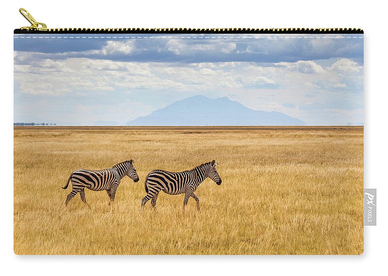 Horse Zip Pouch featuring the photograph Zebras In The Savannah, Amboseli, Kenya by Anton Petrus