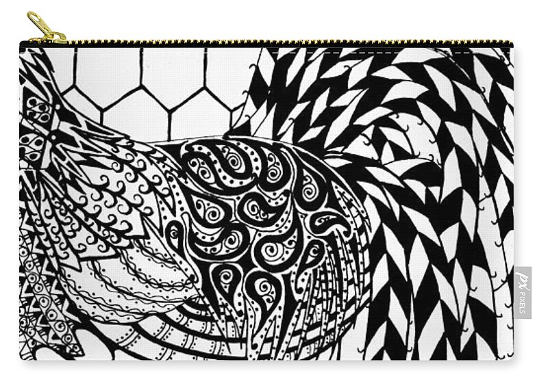Rooster Zip Pouch featuring the drawing Zentangle Rooster by Jani Freimann