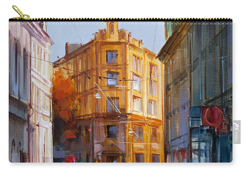 Old Moscow Skyline Zip Pouch featuring the painting Zlatoustinskiy alley. by Alexey Shalaev