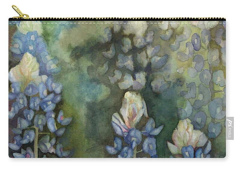 Bluebonnet Blue Flower Floral Texas Lone Star State Whimsical Zip Pouch featuring the painting Bluebonnet Blessing by Karen Kennedy Chatham