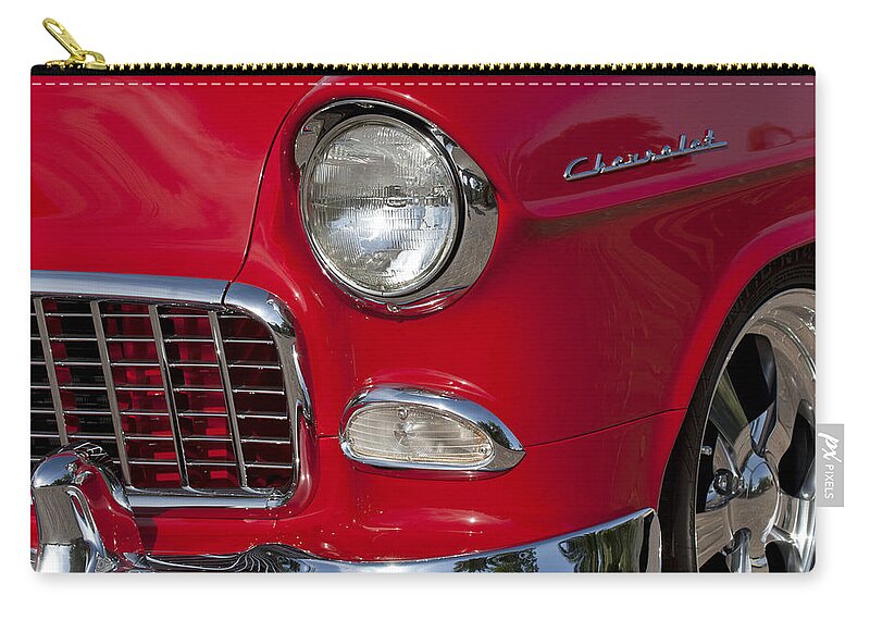 1955 Chevrolet 210 Zip Pouch featuring the photograph 1955 Chevrolet 210 Front End by Jill Reger