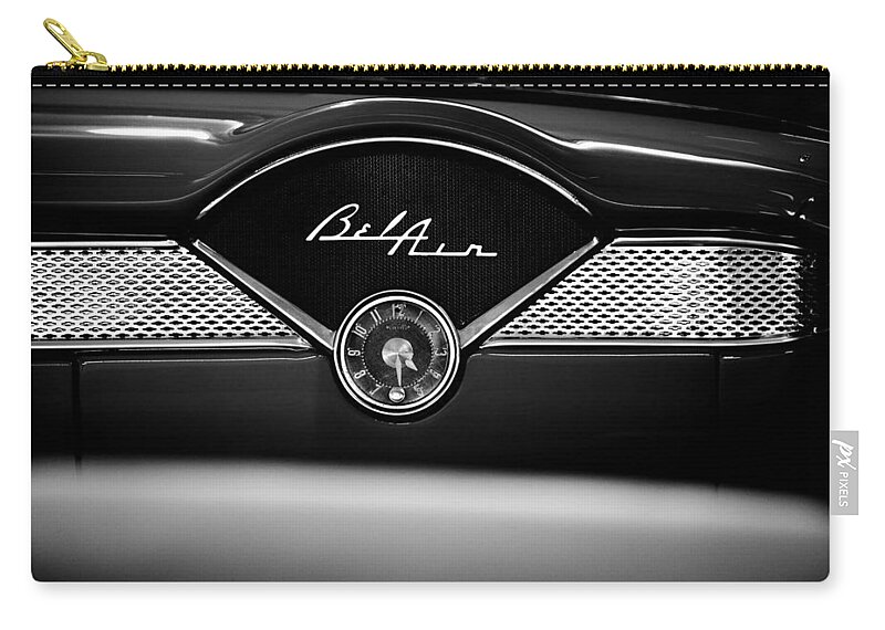 1955 Bel Air Zip Pouch featuring the photograph 1955 Chevy Bel Air Glow Compartment in Black and White by Sebastian Musial
