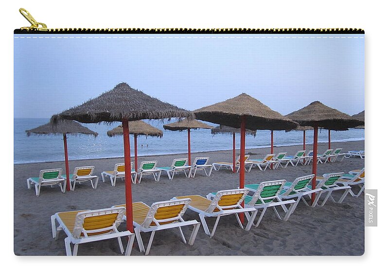 Umbrella Zip Pouch featuring the photograph Beach Umbrellas and Chairs Costa Del Sol Spain #4 by John Shiron