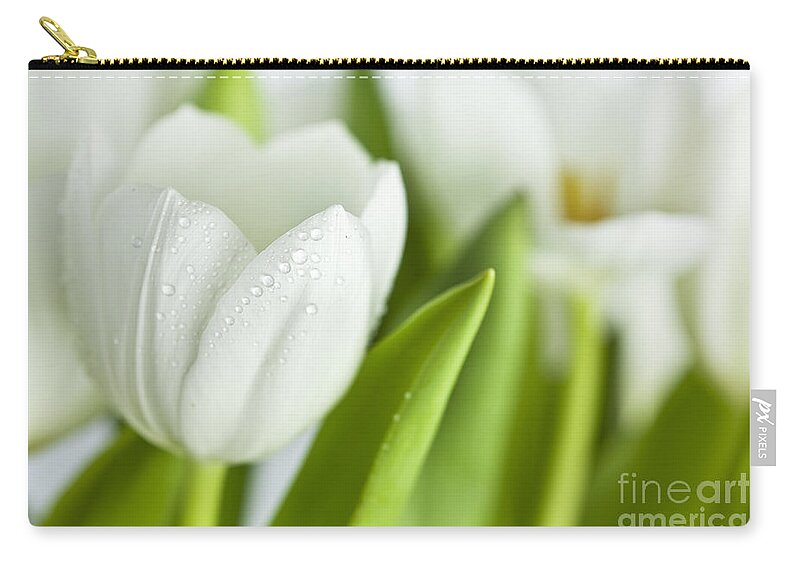 Dew Zip Pouch featuring the photograph White Tulips #5 by Nailia Schwarz