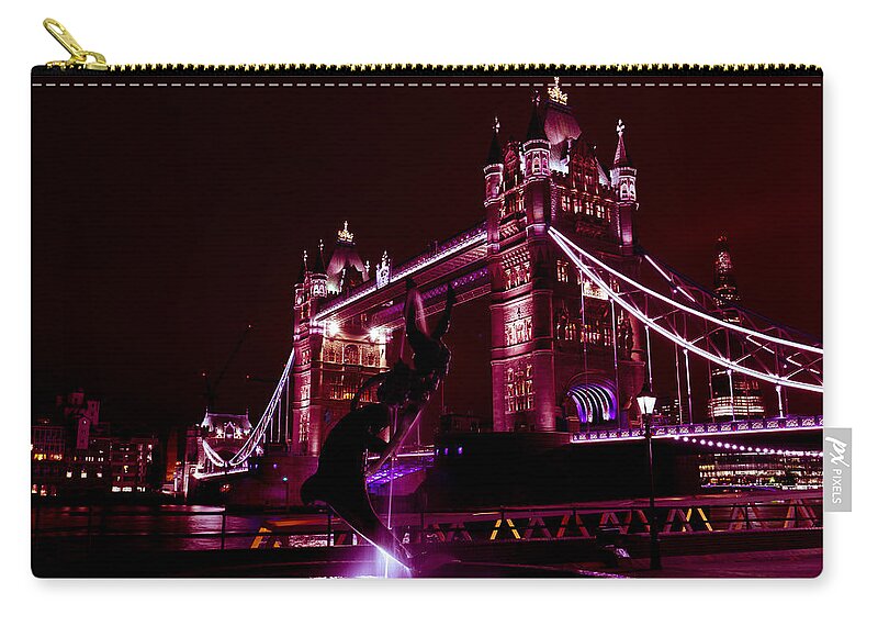 Tower Bridge Zip Pouch featuring the photograph Tower Bridge And The Girl and Dolphin Statue #6 by David Pyatt