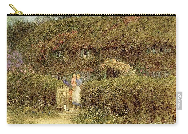 Mother And Child; Gate; Rural Scene; Country; Countryside; Home; Path; Garden; Wildflowers; Roses; Picturesque; Idyllic; Daughter; Cat; Vines; House; Female Zip Pouch featuring the painting A Cottage at Freshwater Isle of Wight by Helen Allingham