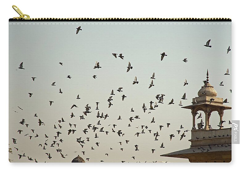 Pigeons Zip Pouch featuring the photograph A flock of pigeons crowding one of the structures on top of the Red Fort by Ashish Agarwal