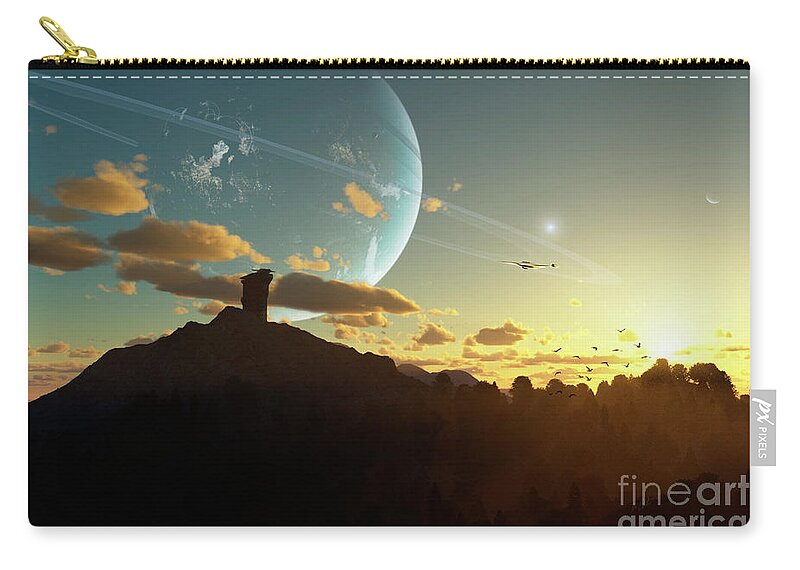 Artwork Zip Pouch featuring the digital art A Sunset On A Forested Moon Which by Brian Christensen