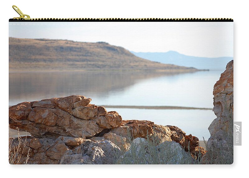Antelope Island Rock View Water Weeds Hills Syracuse Utah Ut Zip Pouch featuring the photograph A View from the Rocks by Holly Blunkall