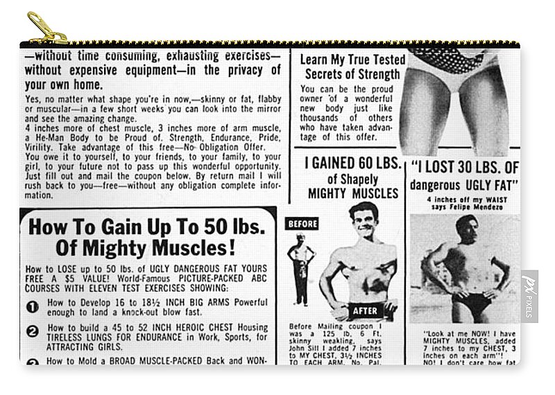 1969 Zip Pouch featuring the photograph Ad: Body-building, 1969 by Granger