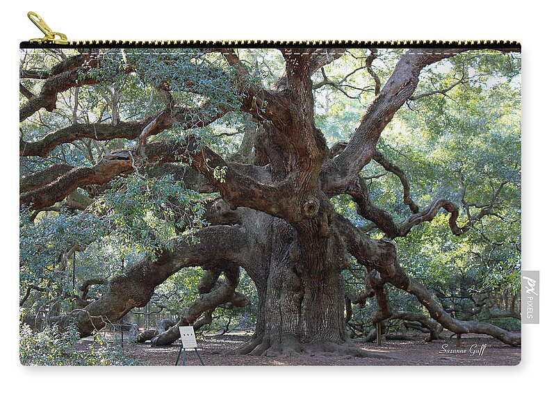 Angel Oak Zip Pouch featuring the photograph Angel Oak - Dont Climb or Carve on the Tree by Suzanne Gaff