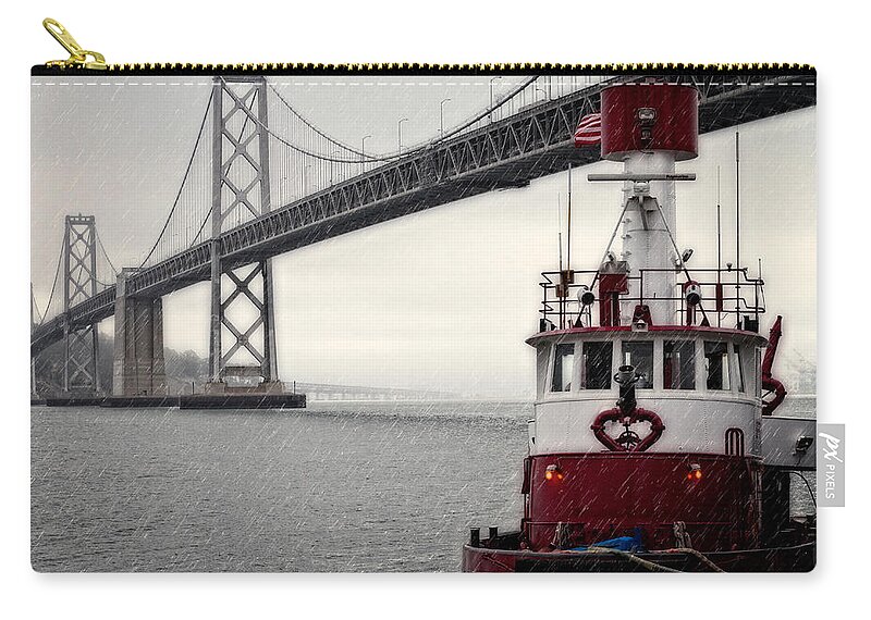Bridge Zip Pouch featuring the photograph Bay Bridge and Fireboat in the Rain by Jarrod Erbe