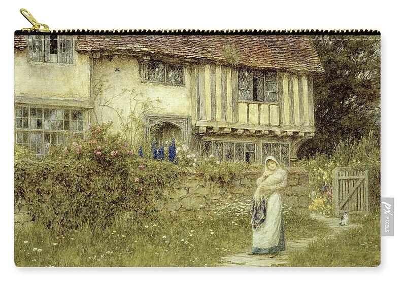 Cottage; Mother And Child; Gate; Rural Scene; Country; Countryside; Timber Frame; Half-timbered; Home; Path; Garden; Wildflowers Picturesque; Idyllic; House; Female Zip Pouch featuring the painting Beside the Old Church Gate Farm Smarden Kent by Helen Allingham