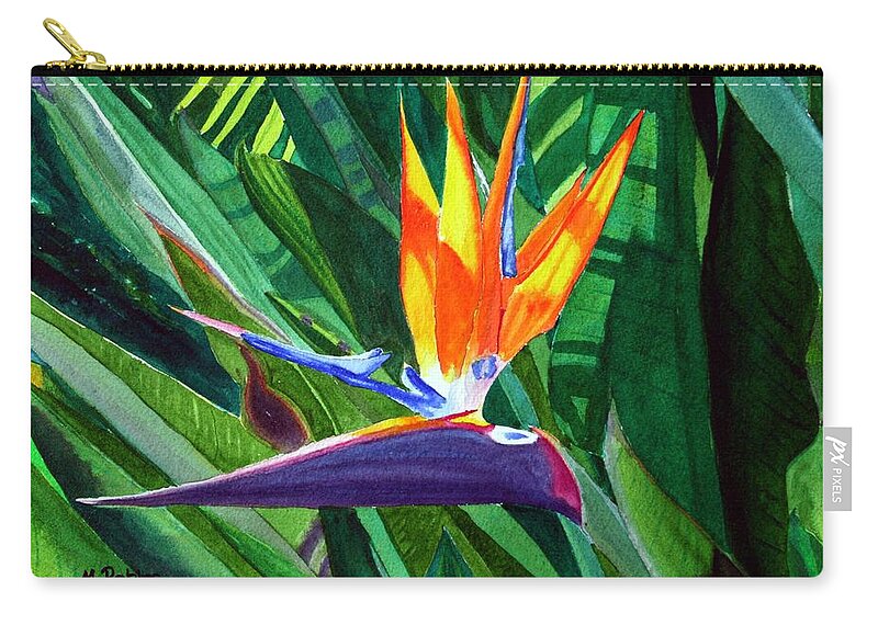 Flower Zip Pouch featuring the painting Bird-of-Paradise by Mike Robles