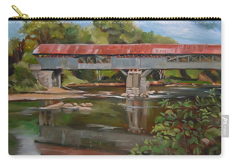White Mountain Region Zip Pouch featuring the painting Blair Bridge Campton New Hampshire by Nancy Griswold