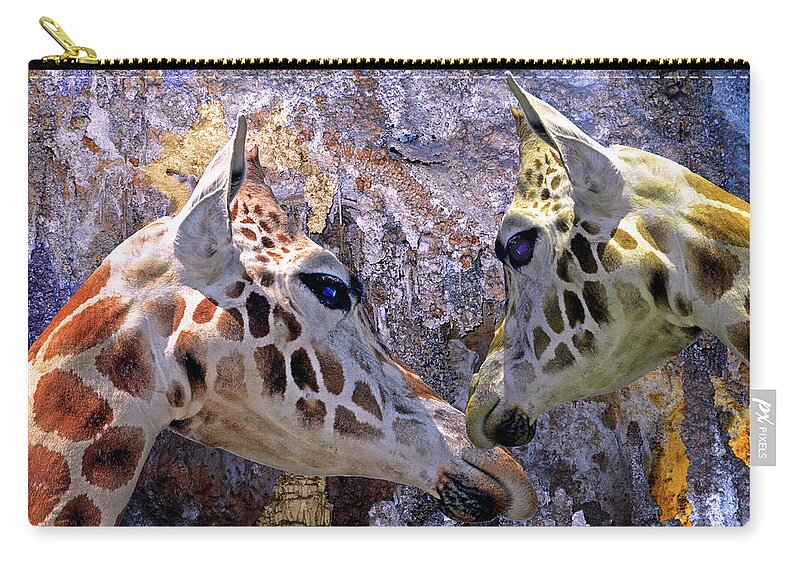 Animal Zip Pouch featuring the mixed media Blue Cave Giraffes by Lynda Lehmann