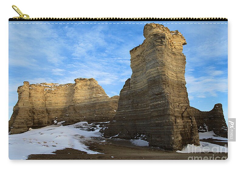 Monument Rocks Zip Pouch featuring the photograph Blue Skies At Monument Rocks by Adam Jewell