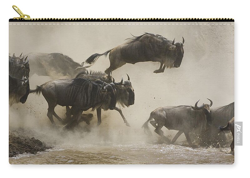 00761256 Carry-all Pouch featuring the photograph Blue Wildebeest Crossing Mara River by Suzi Eszterhas
