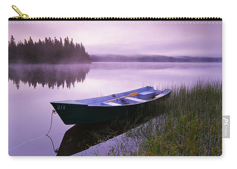 Boat Zip Pouch featuring the photograph Boat In Mist At Dawn, Rimouski Lake by Yves Marcoux