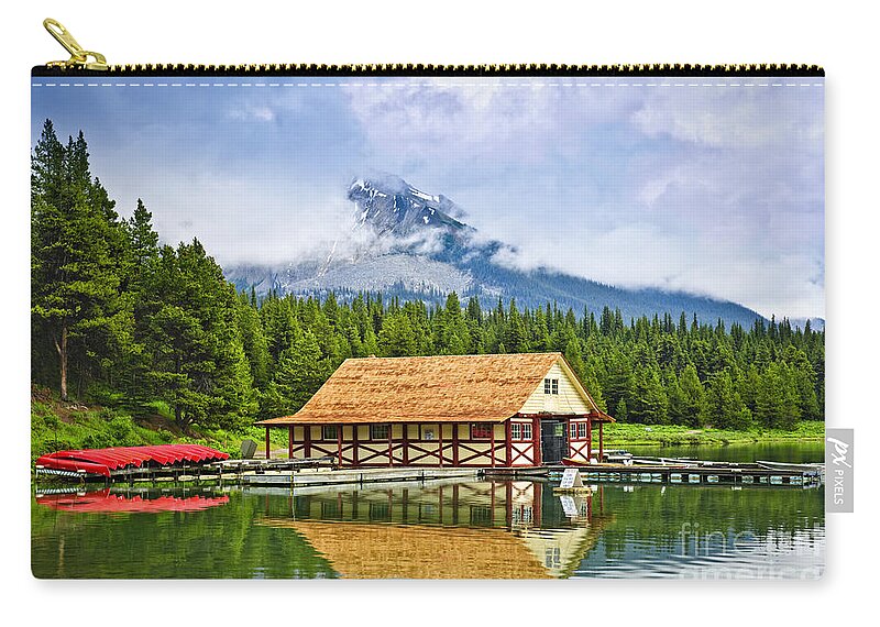 Boat House Zip Pouch featuring the photograph Boathouse on mountain lake by Elena Elisseeva